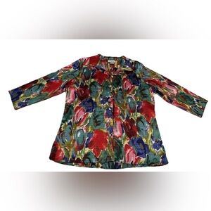 Coldwater Creek Women's Multicolor Floral Crinkle Button-Up Collared Blouse PM